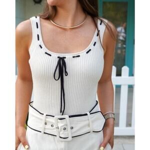 Women's Tie Square Neck Cotton Rib Knit Tank Top Sleeveless Ivory & Black M